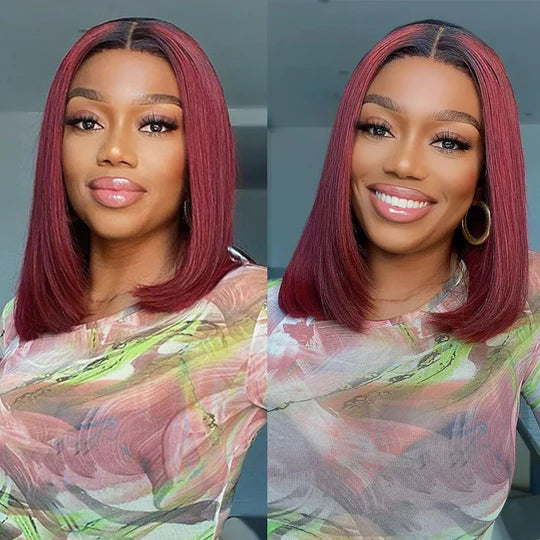 Ombre Burgundy straight human hair bob wig 99J color 4x4 lace closure wig