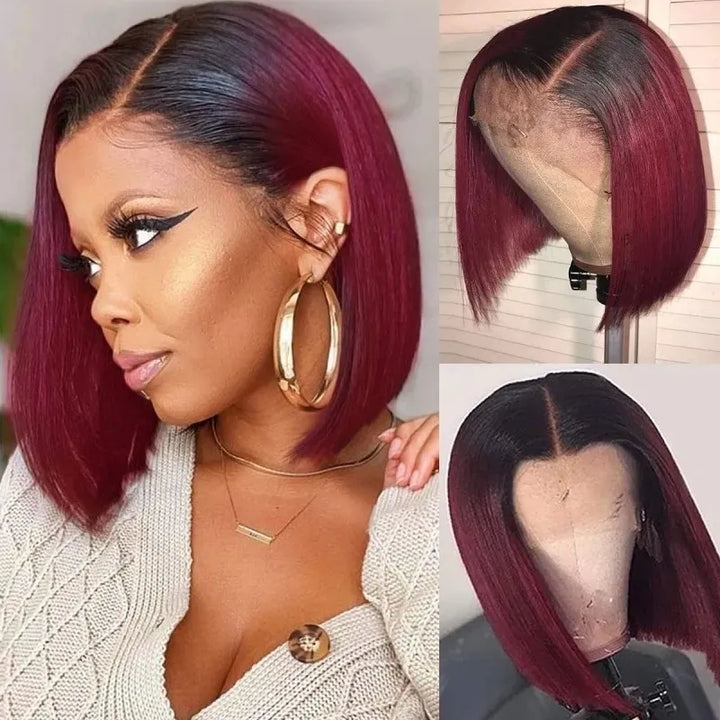 Ombre Burgundy straight human hair bob wig 99J color 4x4 lace closure wig