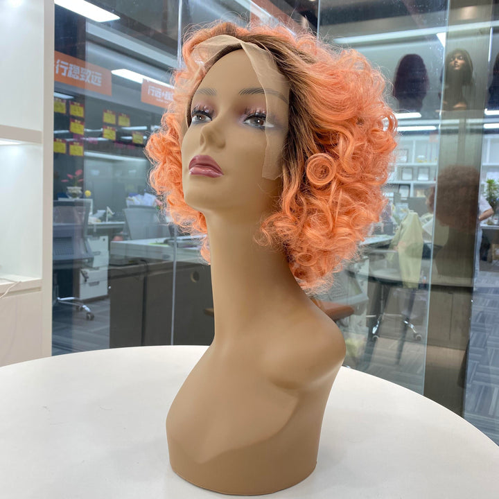 Short Bouncy Curly Human Hair Wig 13x1 Front Lace T1b/Pink Colored Glueless Wig