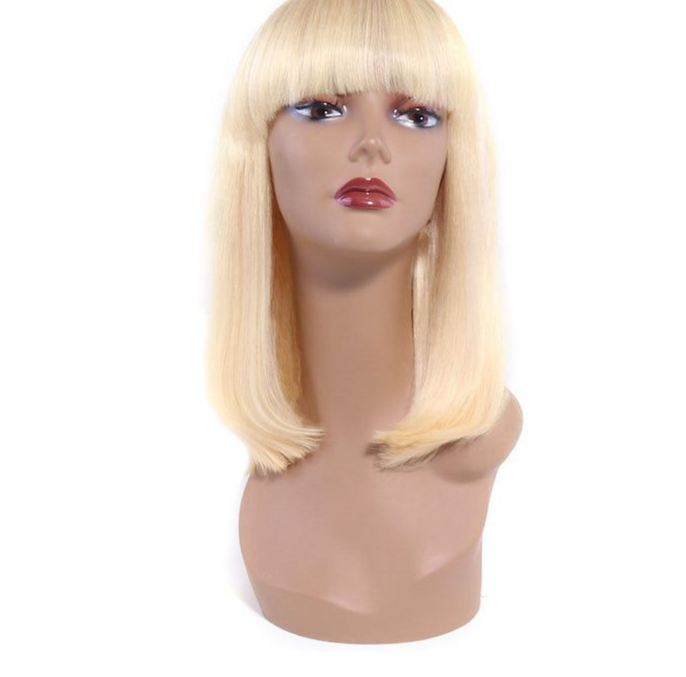 613 Bob Wig with Bangs Glueless 150% Density Brazilian Human Hair None Lace Machine Made Blonde Straight Wigs