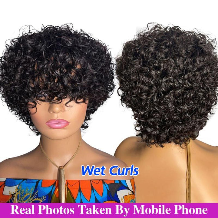 DC-1128 Short Curly Bob With Bangs Natural Black Color Human Hair Short Curly Wig