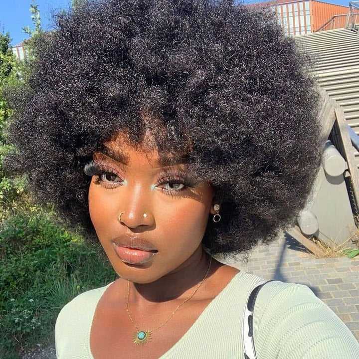 Afro Kinky Human Hair Short Wig Bob Wig With Bangs