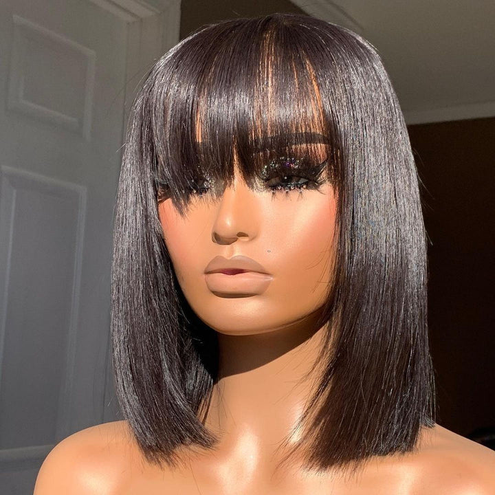 Silky Straight Human Hair No Tangle No Shedding Short Bob Wig With Bangs