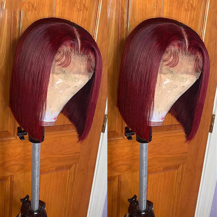 Burgundy Color Straight Human Hair Wig Pre-Plucked Hairline 99J 4x4 Lace Closure Bob Wig