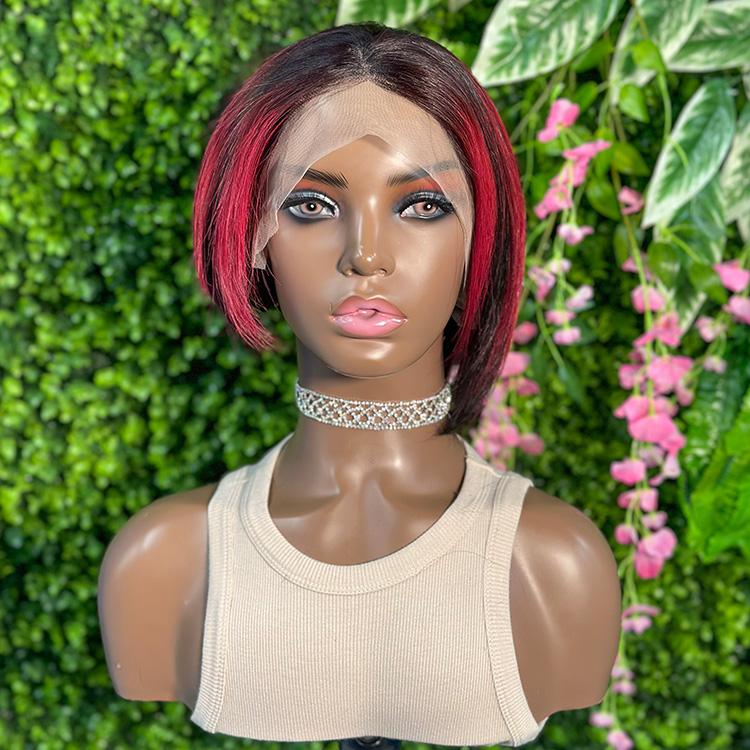 Ombre Burgundy Color Short Pixie Cut Human Hair 13x4 Lace Front Wig