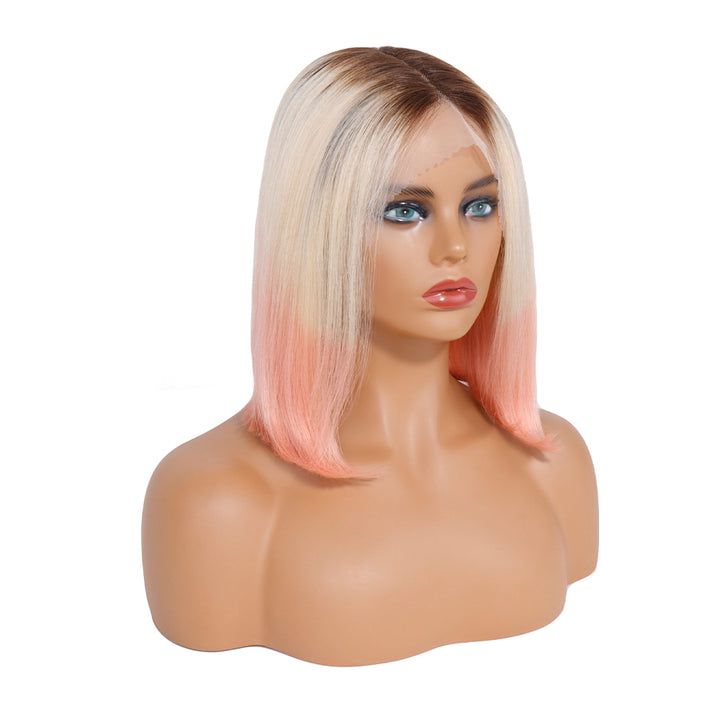 13x4x1 T-Part Lace Front Bob Wig Human Hair Wigs 150% Density Straight T1B/613/Pink Color Short Bob