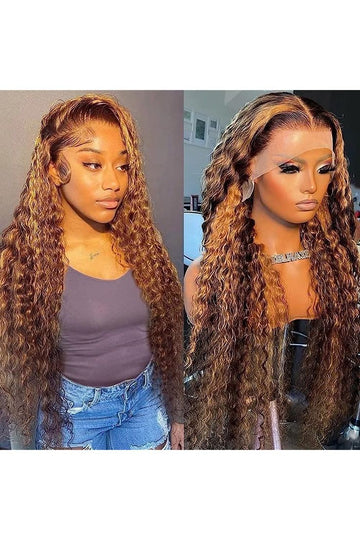 Deep Wave Lace Front Wigs Honey Blonde Highlight P4/27 Human Hair 13x4 Lace 180% Density Ombre Deep Curly Wigs