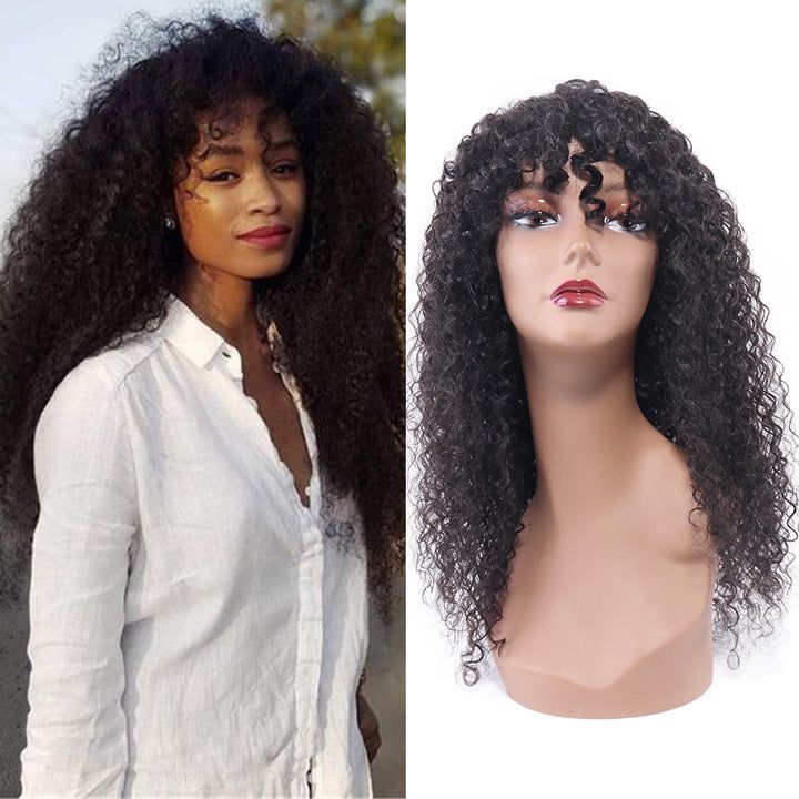 Curly Wave Human Hair Wigs with Bangs Virgin Deep Curly None Lace Front Wigs For Black Women Glueless Machine Made Wigs Natural Black 150% Dens