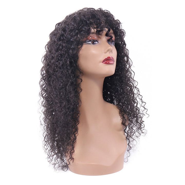 Curly Wave Human Hair Wigs with Bangs Virgin Deep Curly None Lace Front Wigs For Black Women Glueless Machine Made Wigs Natural Black 150% Dens